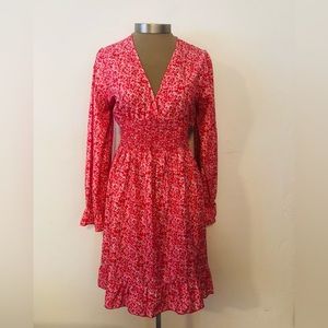 FINAL! NWT! PINK WHITE RED V NECK LONG SLEEVE FLOWY DRESS